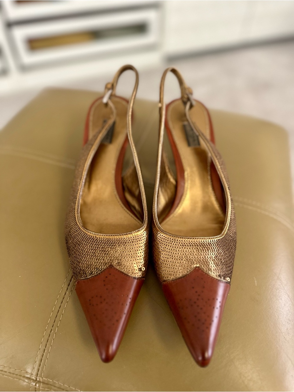 Prada Vintage Pointed Slingback Heels brown leather and sequins. Size 39.5 - Picture 2 of 10